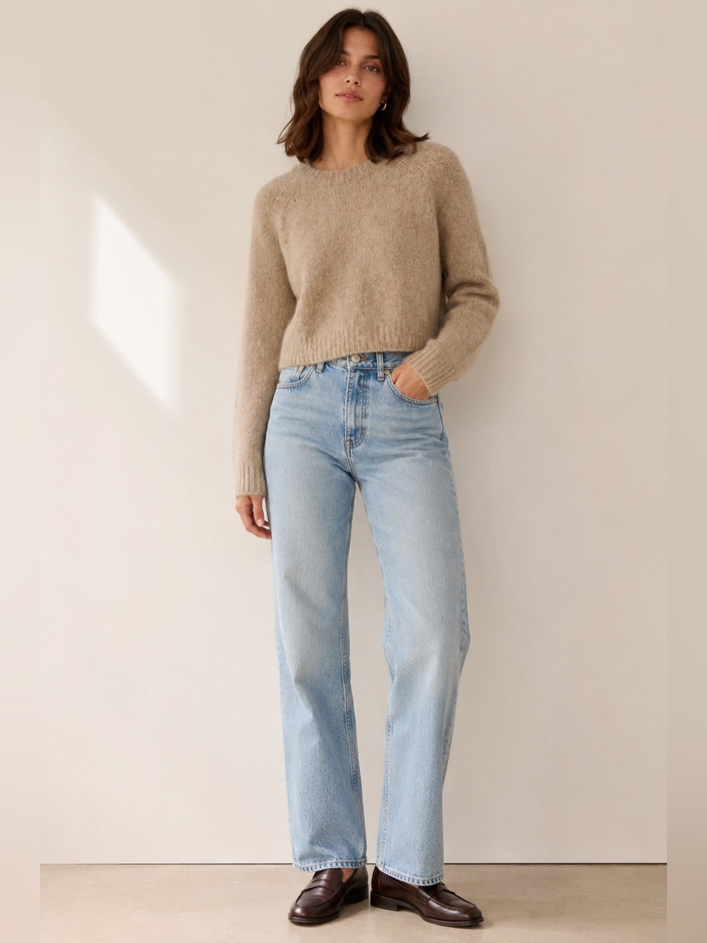 The Group by Babaton Alpaca Wool Blend Cropped Crewneck Sweater M Beige